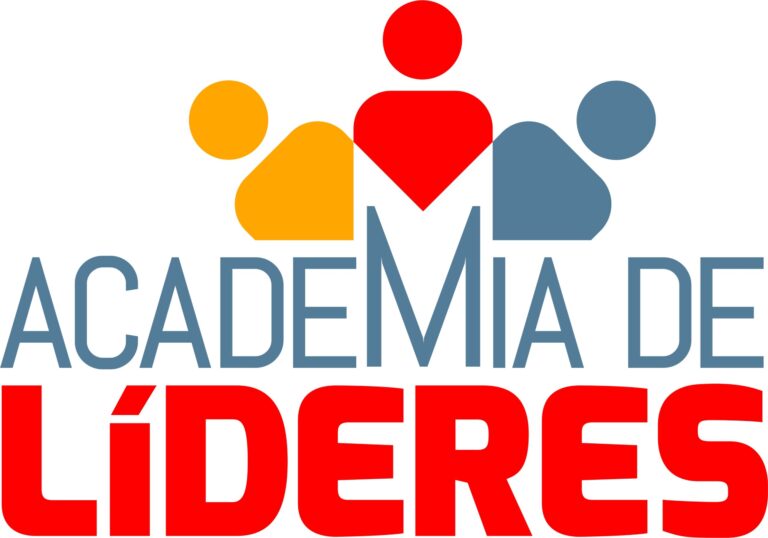 Imagem com o logo do projeto Academia de Líderes, nas cores amarela, vermelha e azul e três bonecos representando pessoas.