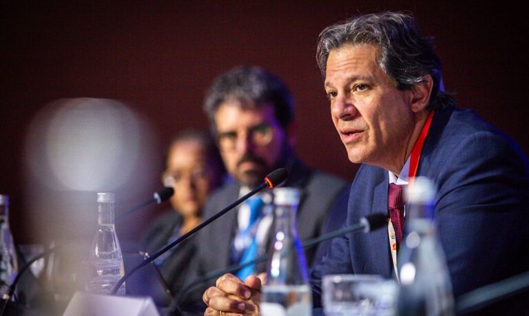12/10/2023, O ministro da Fazenda, Fernando Haddad, durante reunião do FMI em Marrocos. Foto:Diogo Zacarias/MF