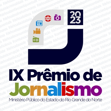 Logo do IX Prêmio de Jornalismo do MPRN, nas cores preta, verde, amarelo, azul, vermelho e roxo. Contém um 