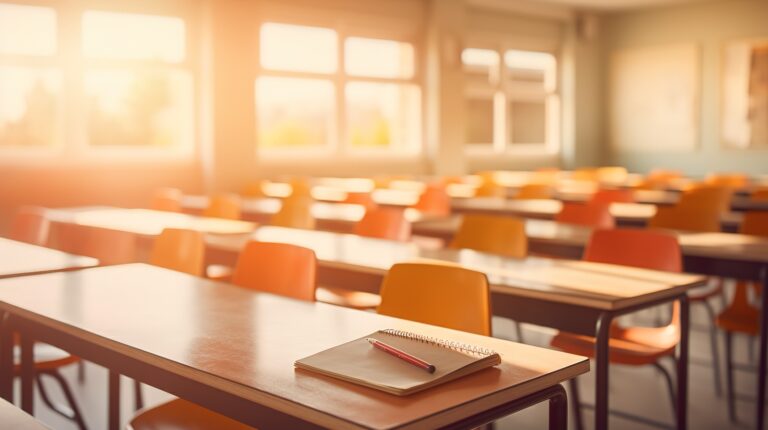 Imagem de uma sala de aula com cadeiras vazias e em uma das mesas, um caderno e um lápis.
