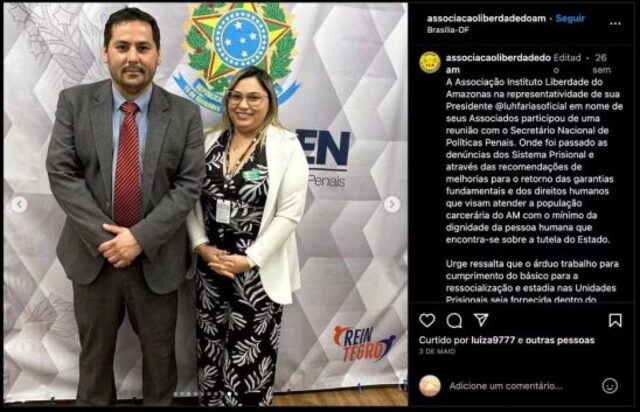 Luciane Barbosa Faria é esposa do líder do Comando Vermelho do Amazonas e Rafael Velasco Brandani é titular da Secretaria Nacional de Políticas Penais (Senappen). Foto: Reprodução.