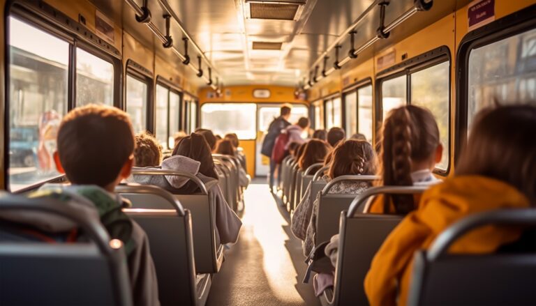Imagem feita dentro de um onibus de transporte escolar com crianças sentadas em bancos.