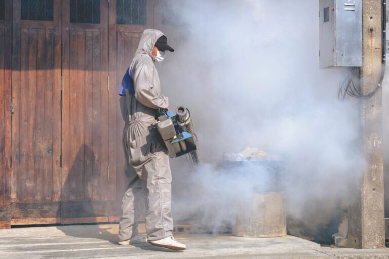 Homem aplicando o fumacê no combate à dengue