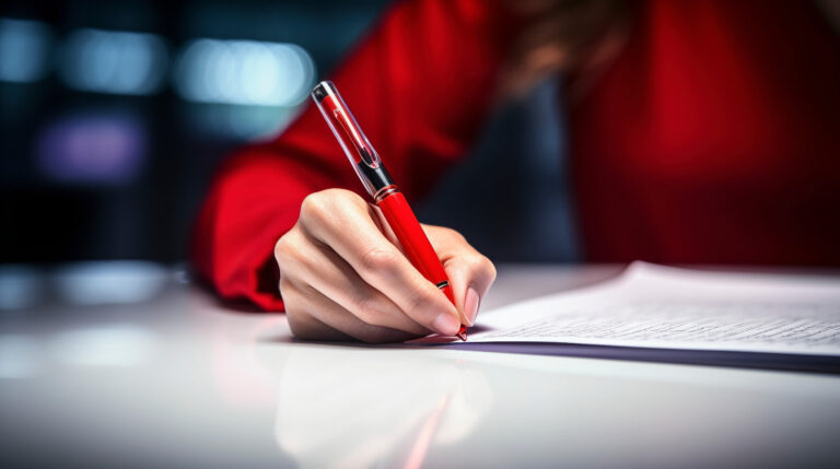 Imagem de uma mulher, sem aparecer o rosto, sentada à mesa e assinando um documento.