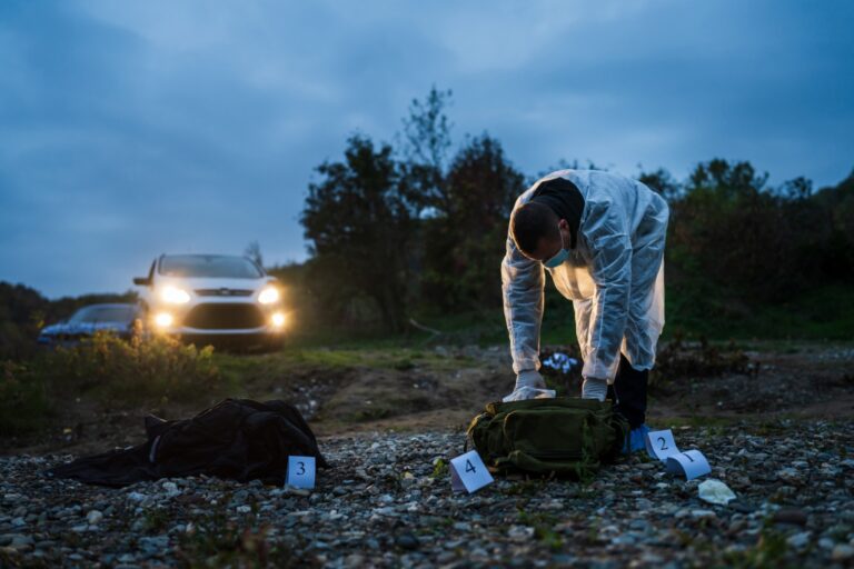 imagem mostra local de crime isolado com homem realizando trabalho de pericia