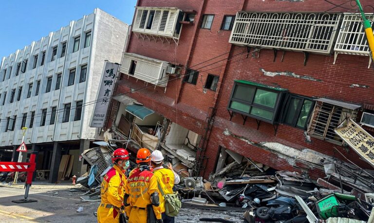 Firefighters work at the site where a building collapsed following the earthquake, in Hualien, Taiwan, in this handout provided by Taiwan's National Fire Agency on April 3, 2024. Taiwan National Fire Agency/Handout via REUTERS  ATTENTION EDITORS - THIS IMAGE WAS PROVIDED BY A THIRD PARTY. NO RESALES. NO ARCHIVES.