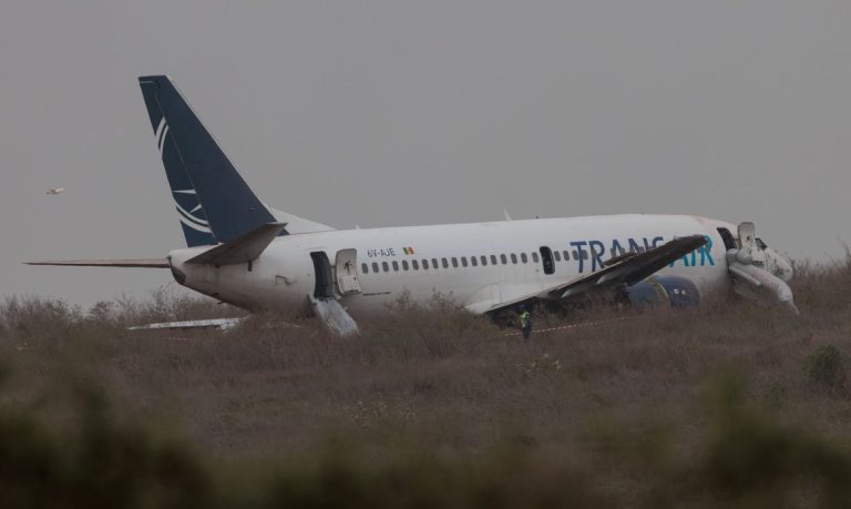 A plane is seen after skidding off the runway at Blaise Diagne International Airport in Dakar, Senegal May 9, 2024. REUTERS/Zohra Bensemra