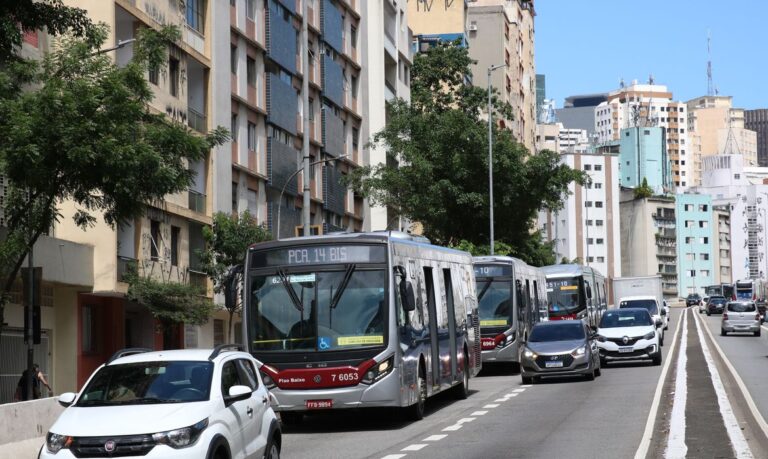 Movimento de ônibus no viaduto Doutor Plínio de Queirós, em Bela Vista.