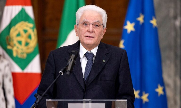 Italian President Sergio Mattarella gives a speech after being re-elected