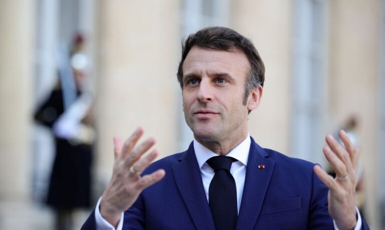 French President Emmanuel Macron gestures as he delivers a joint statement with Dutch Prime Minister Mark Rutte (not seen) before a meeting at the Elysee Palace in Paris, France, March 9, 2022. REUTERS/Sarah Meyssonnier