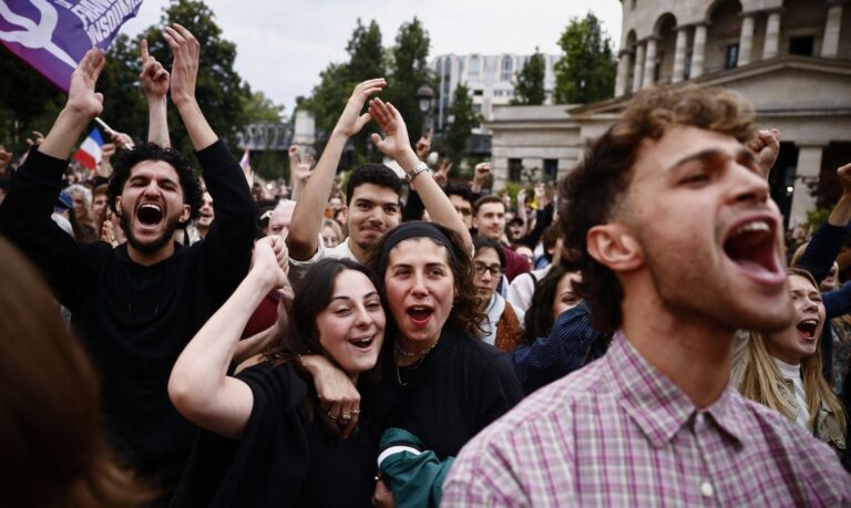 Supporters of French far-left opposition party La France Insoumise (France Unbowed - LFI) and the alliance of left-wing parties, called the