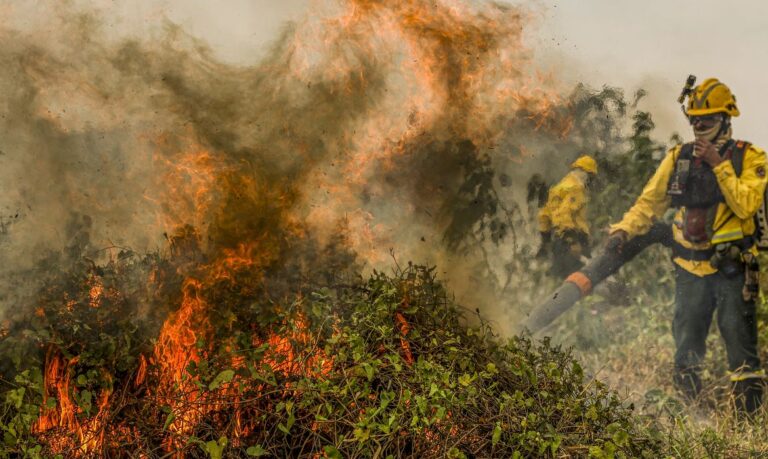 Corumbá (MS), 29/06/2024 - Com o auxílio de aviões, brigadistas do Prevfogo/Ibama combatem incêndios florestais no Pantanal. Foto: Marcelo Camargo/Agência Brasil