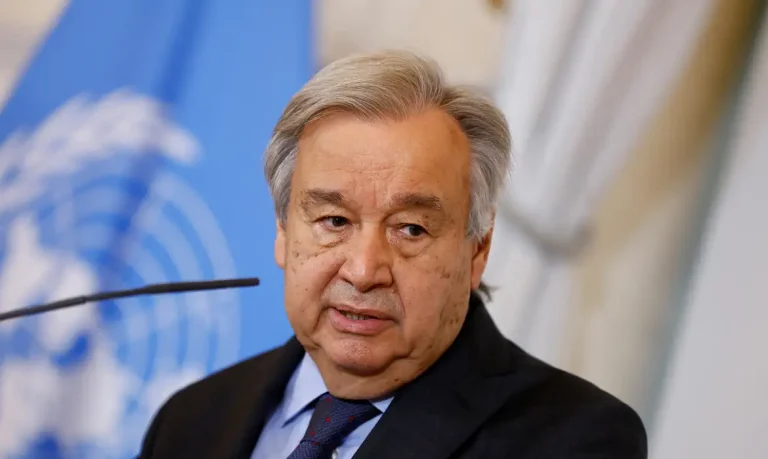 United Nations Secretary-General Antonio Guterres speaks during a news conference with Austrian Chancellor Karl Nehammer (not seen) and Foreign Minister Alexander Schallenberg (not seen) in Vienna, Austria May 11, 2022. REUTERS/Lisa Leutner