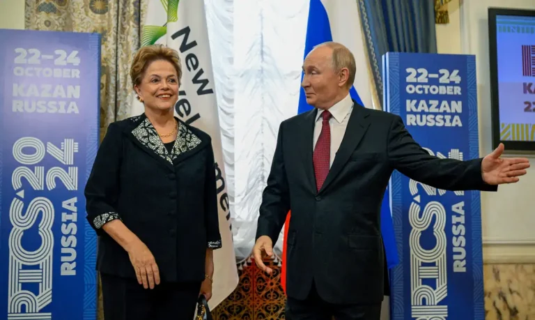 Russia's President Vladimir Putin meets with Dilma Rousseff, Chair of the New Development Bank and former president of Brazil, on the sidelines of the BRICS summit in Kazan, Russia October 22, 2024. Alexander Nemenov/Pool via REUTERS