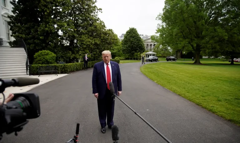 U.S. President Donald Trump speaks to reporters after arriving from Camp David to the White House in Washington, U.S. May 17, 2020. REUTERS/Eric Thayer