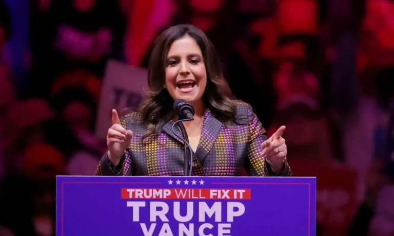 FILE PHOTO: Elise Stefanik, U.S. Representative, speaks during a rally for Republican presidential nominee and former U.S. President Donald Trump at Madison Square Garden, in New York, U.S., October 27, 2024. REUTERS/Andrew Kelly/File Photo