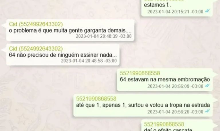 Brasília (DF), 26/11/2024 - Página do inquérito da Polícia Federal de indiciamento de crimes com mensagens de Mauro CId com golpistas que citam ditadura: “64 não precisou assinar nada”. Foto: Polícia Federal/Divulgação