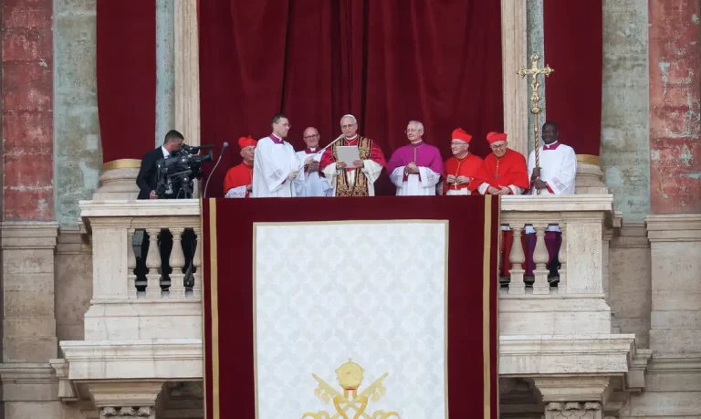 Newly elected Pope Leo XIV, Cardinal Robert F. Prevost of the U.S. delivers the