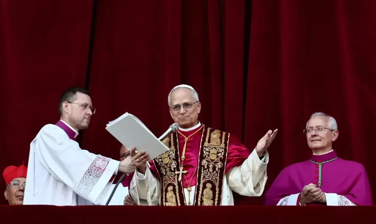 Newly elected Pope Leo XIV, Cardinal Robert Prevost of the Unites States delivers the