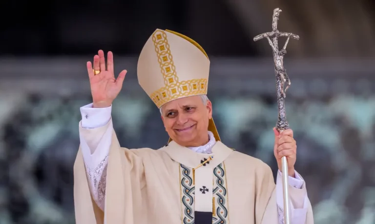 The new Pope Leo XIV stands in St. Peter's Square at his inauguration. The American Robert Francis Prevost is the first pontiff from the United States.
