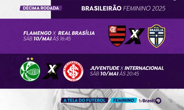 Rio de Janeiro (RJ), 08/05/2025 - A TV Brasil exibe, neste sábado (10), dois confrontos válidos pela décima rodada do Campeonato Brasileiro de Futebol Feminino – Série A1. Às 16h45, Flamengo e Real Brasília enfrentam-se no Rio de Janeiro (RJ). Mais tarde, às 20h45, Juventude e Internacional disputam o clássico gaúcho na cidade de Bento Gonçalves (RS). Arte: TV Brasil
