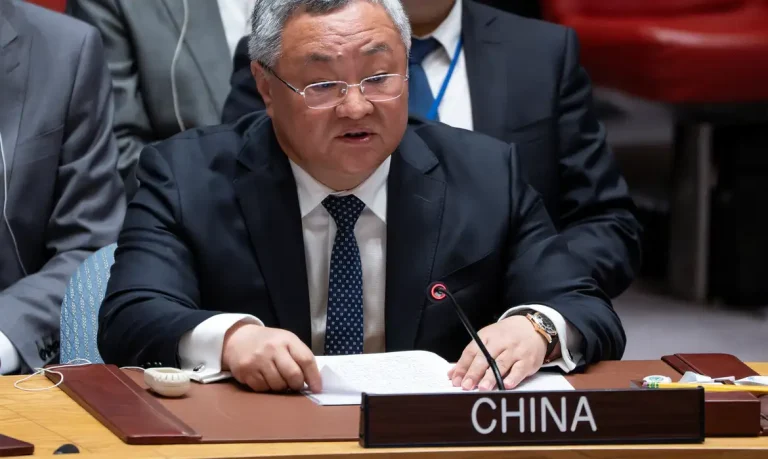 China's Permanent Representative to the UN, Fu Cong, addresses delegates during a meeting of the United Nations Security Council, following U.S attack on Iran's nuclear sites, at UN headquarters in New York City, U.S., June 22, 2025. REUTERS/Eduardo Munoz