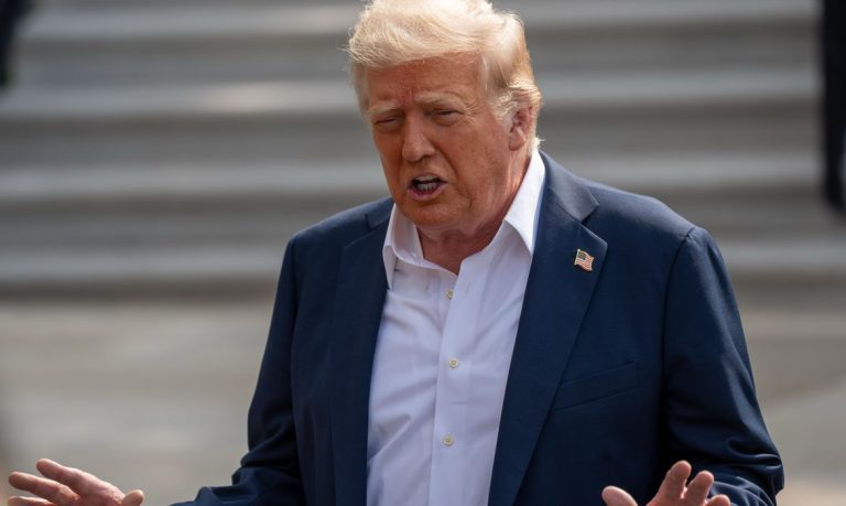 July 11, 2025, Washington, District of Columbia, USA: President DONALD TRUMP speaks to the press before heading to his helicopter for the start of a trip to Texas to review flood damage. (Credit Image: © Andrew Leyden/ZUMA Press Wire)