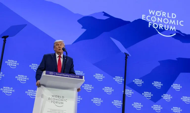 U.S. President Donald Trump speaks during the 56th annual World Economic Forum (WEF), in Davos, Switzerland, January 21, 2026. REUTERS/Jonathan Ernst