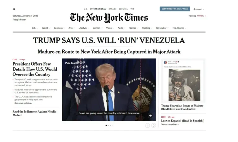 Brasília (DF), 03/01/2026 -  Capa do The New York Time.
Print The New York Time
