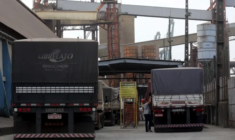 Caminhoneiros aguardam para descarregar no Porto de Santos (SP)