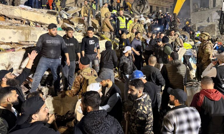 Rescue teams search for survivors after a building collapsed in Tripoli, Lebanon, February 8, 2026. REUTERS/Omar Ibrahim