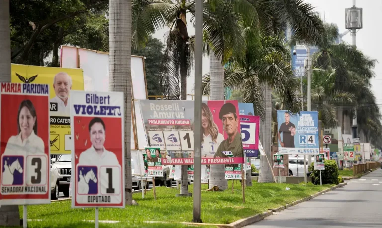 FILE PHOTO: Political advertising is on display ahead of the April 12 general election, in Lima, Peru, April 8, 2026. REUTERS/Angela Ponce/File Photo