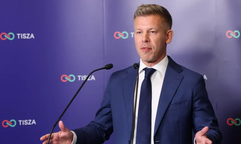 Peter Magyar, leader of the opposition Tisza speaks during a press conference, on the day of the parliamentary election, in Budapest, Hungary, April 12, 2026. REUTERS/Leonhard Foeger