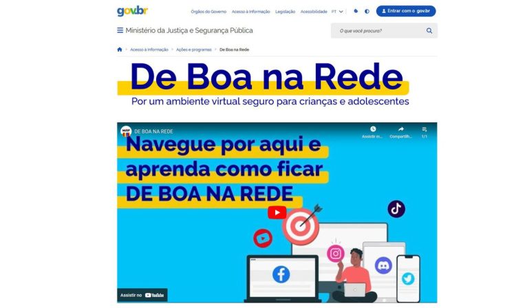 16/10/2023, De Boa na Rede, Por um ambiente virtual seguro para crianças e adolescentes. Página na internet do Ministério da Justiça e Segurança Pública. Foto: Print/MJSP