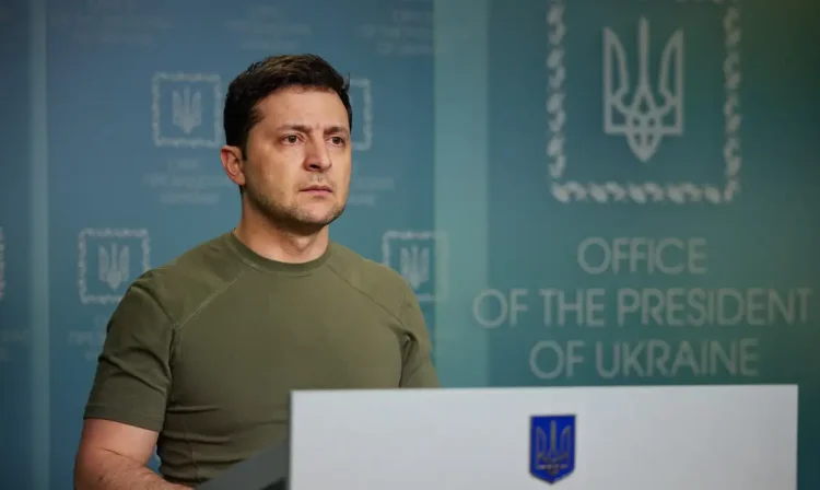 Ukrainian President Volodymyr Zelensky delivers a speech to the nation at the presidential palace.