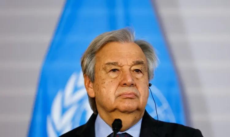 United Nations Secretary-General Antonio Guterres reacts during a joint news conference with Austrian President Alexander Van der Bellen (not seen) in Vienna, Austria May 11, 2022. REUTERS/Lisa Leutner