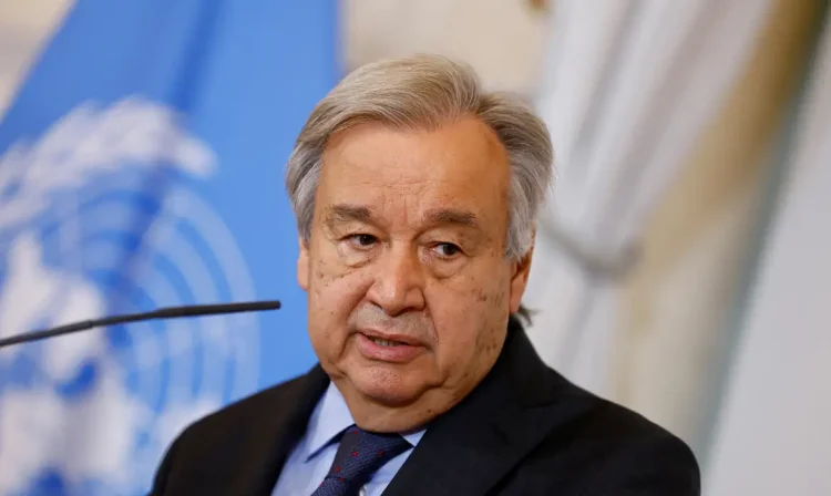 United Nations Secretary-General Antonio Guterres speaks during a news conference with Austrian Chancellor Karl Nehammer (not seen) and Foreign Minister Alexander Schallenberg (not seen) in Vienna, Austria May 11, 2022. REUTERS/Lisa Leutner