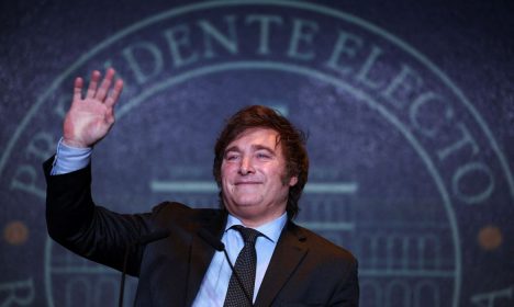 Argentine president-elect Javier Milei addresses supporters after winning Argentina's runoff presidential election, in Buenos Aires, Argentina November 19, 2023. REUTERS/Agustin Marcarian