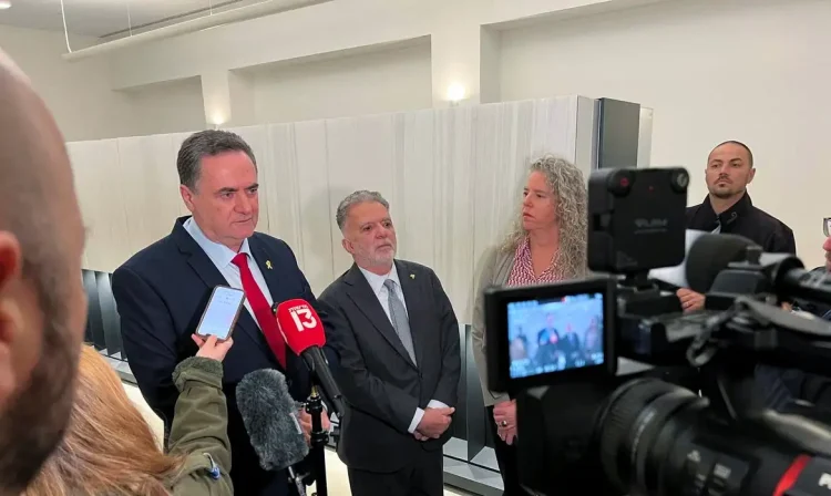 Israeli Foreign Minister Israel Katz speaks to members of the media after Brazilian President Luiz Inacio Lula da Silva likens the Gaza war to the Holocaust, in Yad Vashem, at the World Holocaust Remembrance Centre, in Jerusalem, February 19, 2024. REUTERS/Dedi Hayun