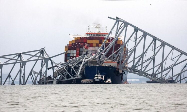 A view of the Dali cargo vessel which crashed into the Francis Scott Key Bridge causing it to collapse in Baltimore, Maryland, U.S., March 27, 2024. REUTERS/Mike Segar