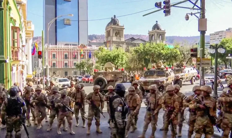 Members of Bolivia's military stand guard as Bolivia's President Luis Arce