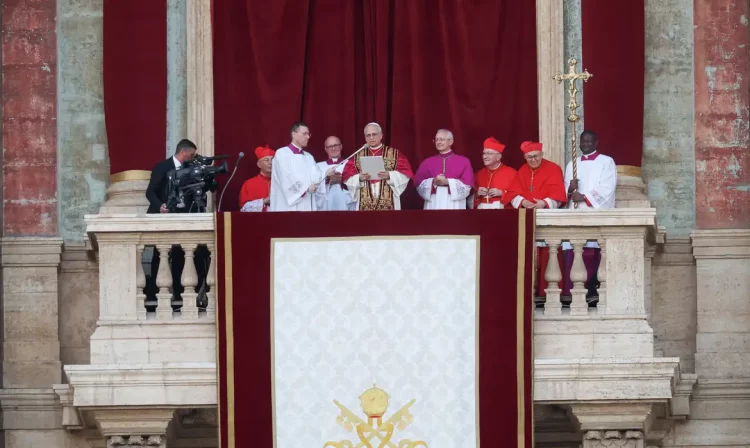 Newly elected Pope Leo XIV, Cardinal Robert F. Prevost of the U.S. delivers the