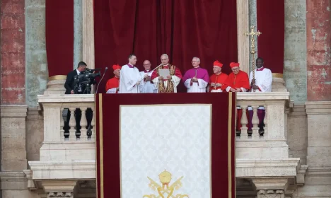 Newly elected Pope Leo XIV, Cardinal Robert F. Prevost of the U.S. delivers the