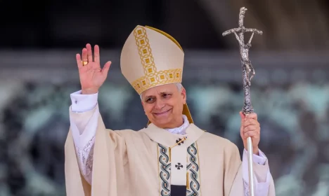 The new Pope Leo XIV stands in St. Peter's Square at his inauguration. The American Robert Francis Prevost is the first pontiff from the United States.