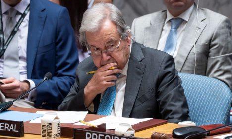 UN Secretary-General Antonio Guterres attends a meeting of the United Nations Security Council, following U.S attack on Iran's nuclear sites, at UN headquarters in New York City, U.S., June 22, 2025. REUTERS/Eduardo Munoz