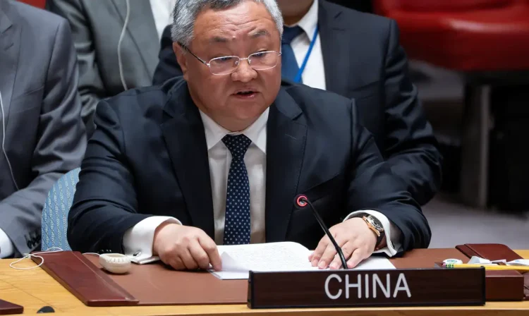China's Permanent Representative to the UN, Fu Cong, addresses delegates during a meeting of the United Nations Security Council, following U.S attack on Iran's nuclear sites, at UN headquarters in New York City, U.S., June 22, 2025. REUTERS/Eduardo Munoz