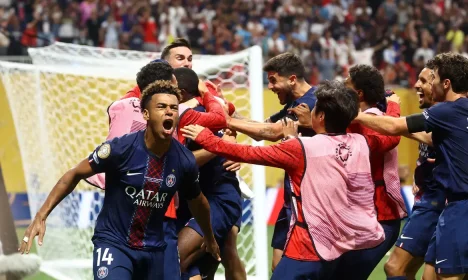 Soccer Football - FIFA Club World Cup - Quarter Final - Paris St Germain v Bayern Munich - Mercedes-Benz Stadium, Atlanta, Georgia, U.S. - July 5, 2025 Paris St Germain's Desire Doue celebrates after Ousmane Dembele scores their second goal REUTERS/Kai Pfaffenbach     TPX IMAGES OF THE DAY