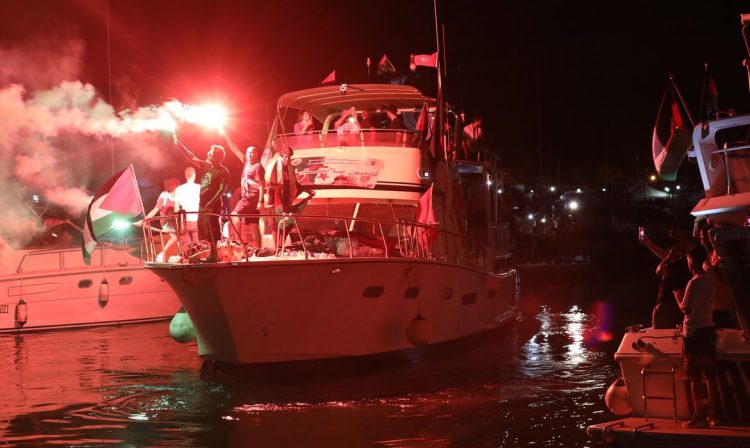 TUNIS, TUNISIA - SEPTEMBER 16: The Deir Yasin vessel from the Maghreb Sumud Convoy set sail from Sidi Bu Said port during night as the boats of the Global Sumud Flotilla Flotilha continue to head towards Gaza to deliver humanitarian aid, in Tunis, Tunisia on September 16, 2025. Mohammed Mdalla / AnadoluNo Use USA No use UK No use Canada No use France No use Japan No use Italy No use Australia No use Spain No use Belgium No use Korea No use South Africa No use Hong Kong No use New Zealand No use Turkey