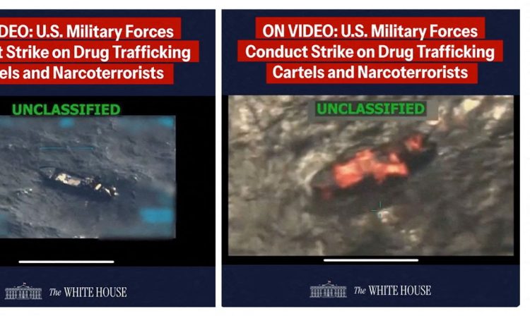 FILE PHOTO: A combination image shows two screen captures from a video posted on the X account of The White House on September 15, 2025, depicting what U.S. President Donald Trump said was a U.S. military strike on a Venezuelan drug cartel vessel that had been on its way to the United States, the second such strike carried out against a suspected drug boat in recent weeks. The White House/Handout via REUTERS.  THIS IMAGE HAS BEEN SUPPLIED BY A THIRD PARTY. IMAGE BLURRED AT SOURCE Verification lines: Reuters checked the footage through our AI detection tool and found no evidence of manipulation. however, the footage is partly blurred, making it impossible to confirm if the video is manipulated. Thorough verification is an ongoing process, and Reuters will continue to review the footage as more information becomes available./File Photo