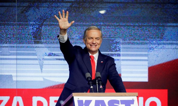 FILE PHOTO: FILE PHOTO: FILE PHOTO: Jose Antonio Kast, presidential candidate of the far-right Republican Party, waves to his supporters, following early results during the presidential election, in Santiago, Chile November 16, 2025. REUTERS/Rodrigo Garrido/File Photo/File Photo/File Photo